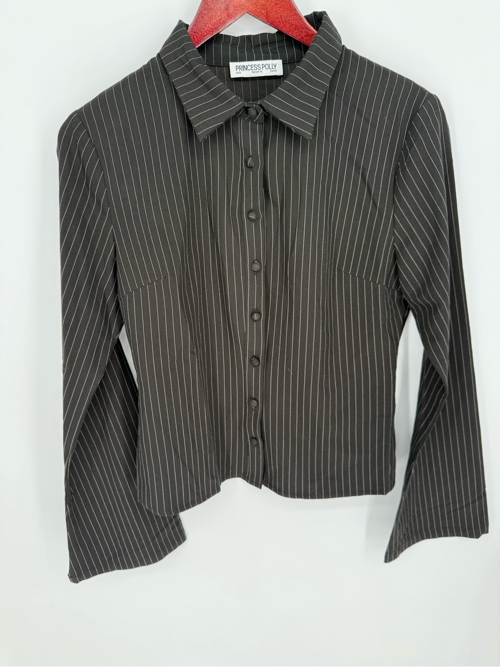 Princess Polly Black Pinstripe Fitted Button Up Shirt Size 6